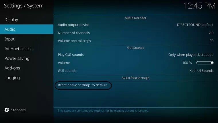 Reset above settings to default