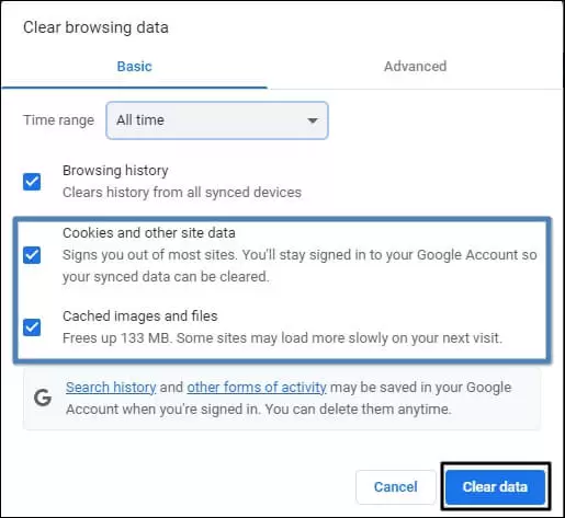 Cookie and other site data