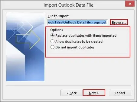 Choose location of the PST file