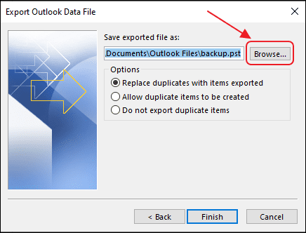 Provide a path for saving the PST file