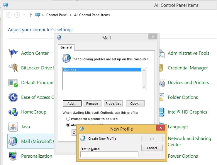 Create a new Outlook profile