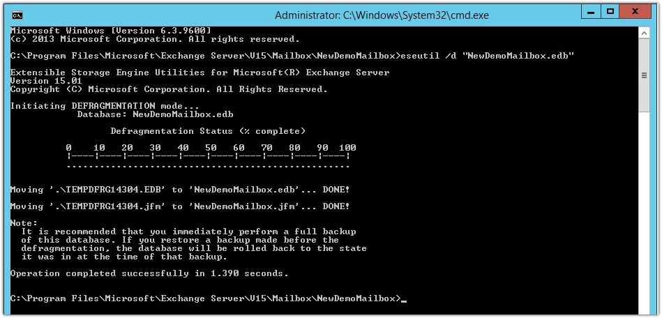 Database defragmentation using ESEUTIL /C