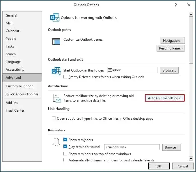 AutoArchive settings