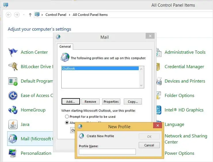 Press the Add button to create a new Outlook profile