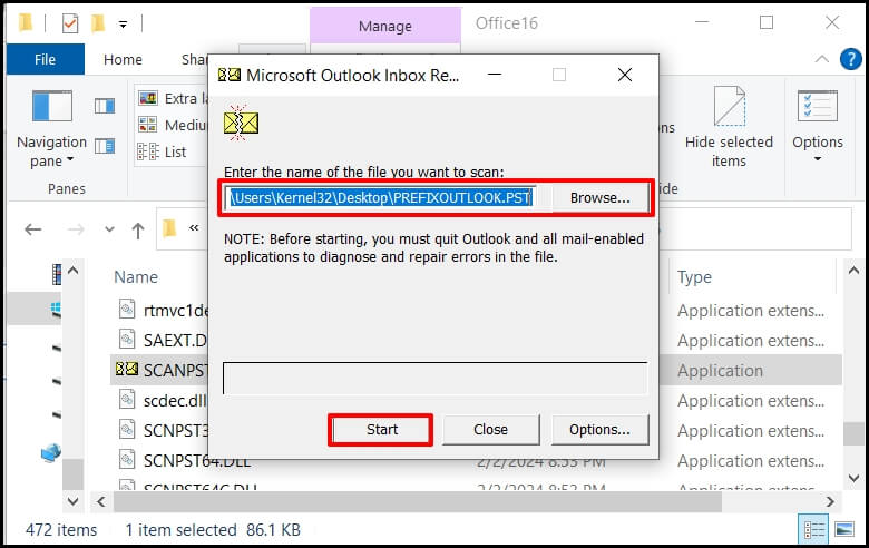 location of the damaged PST file