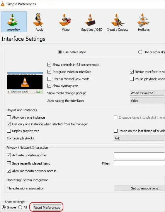 click the Reset Preference button
