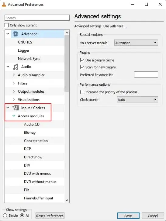 Double-click Access modules under Input Codecs section to expand it