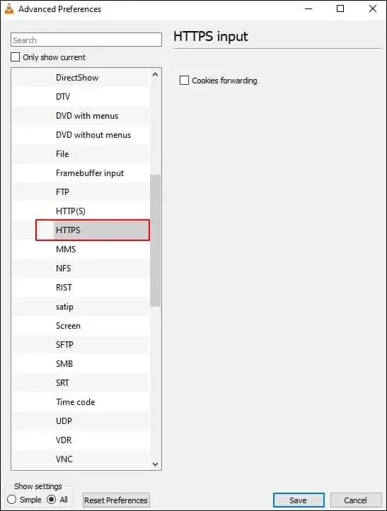Scroll down and select HTTPS then unselect the Cookies forwarding