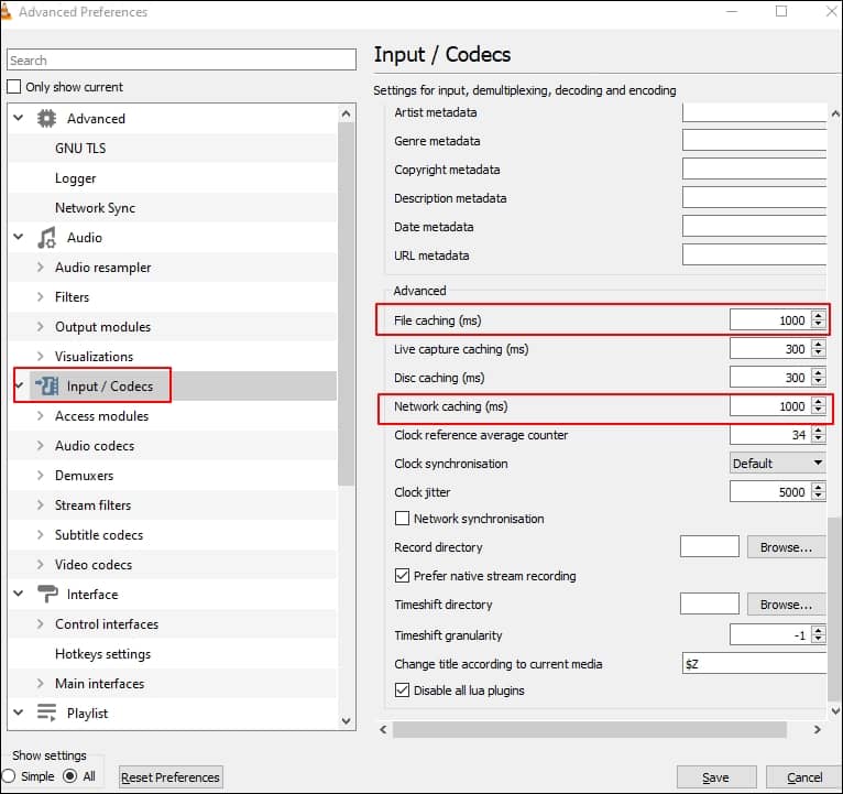 Increase caching size in VLC