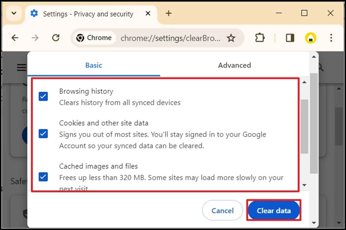 check the checkbox for cookies and other site data
