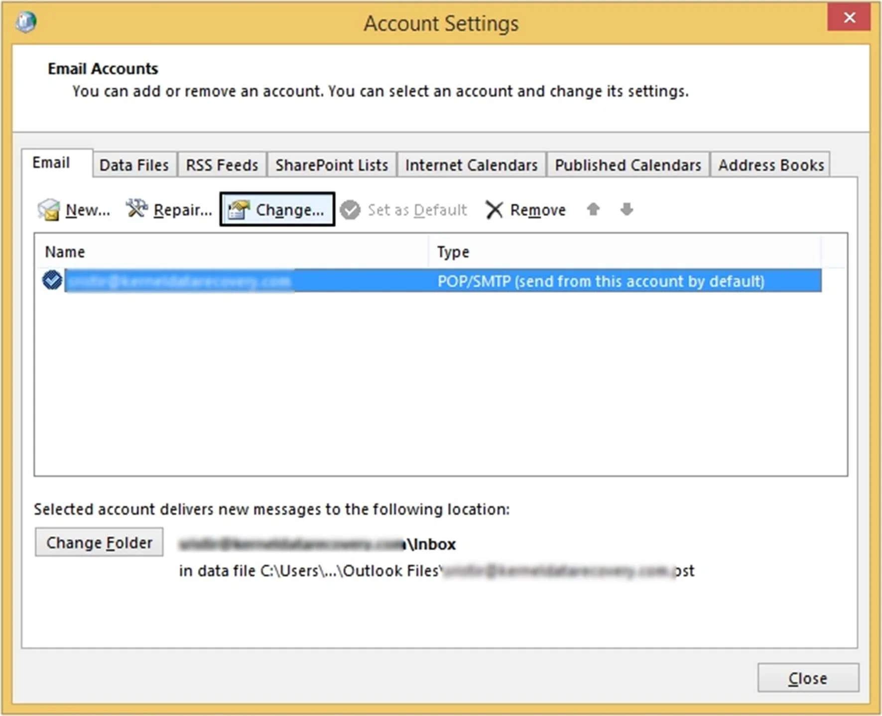 select email account and press Change