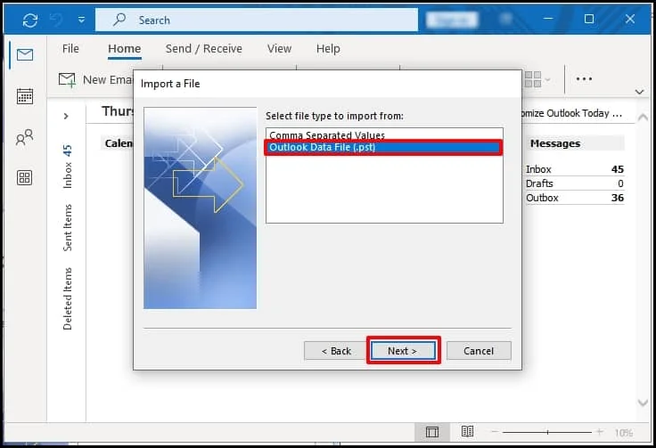 click on outlook data file