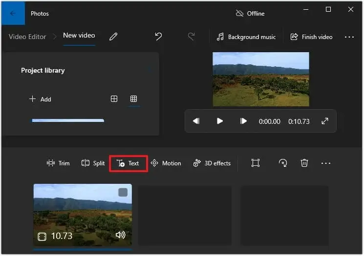 Select and drag the video to the Storyboard section below and click on Text