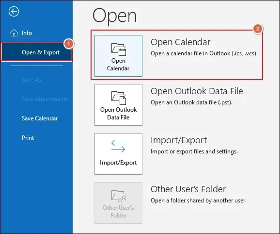 Go to File Open and Export Open Calendar