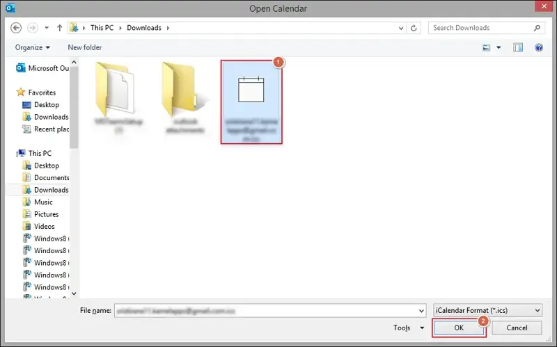 Select the downloaded ICS file and click OK