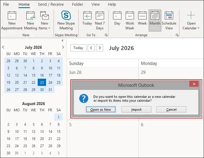 Import to add events to an existing Outlook calendar