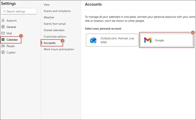 navigate to Calendar Accounts Google