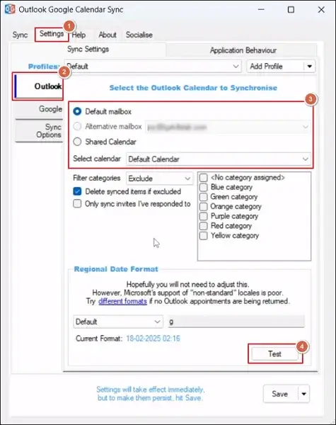Go to the Settings tab and click Outlook under Profiles