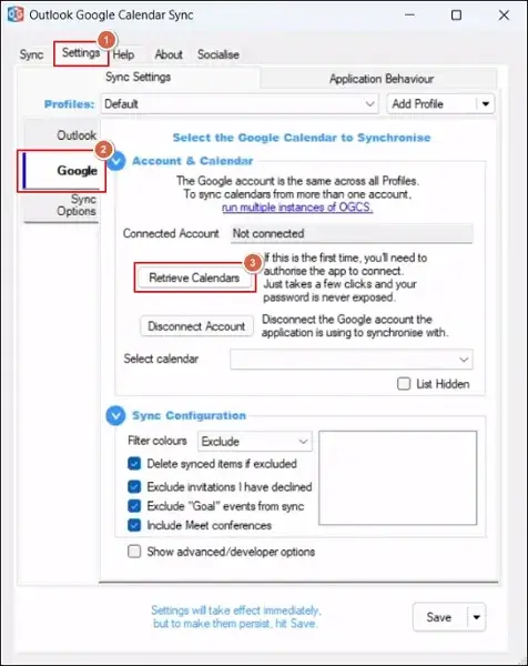 Navigate to the Google tab and proceed with Retrieve Calendars