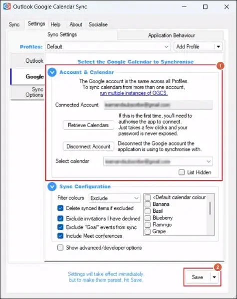 Click Save after the account is connected