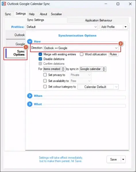Locate to Sync Options and choose the Outlook Google