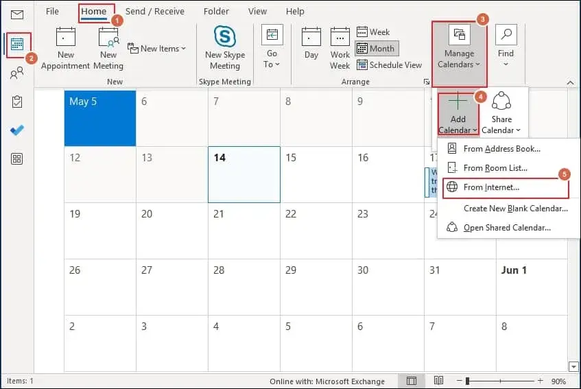 go to Home Manage Calendars Add Calendar From Internet option