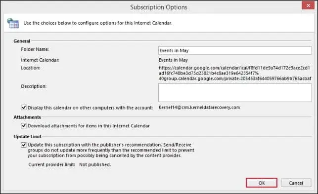 Use the choices to integrate your calendar and click OK