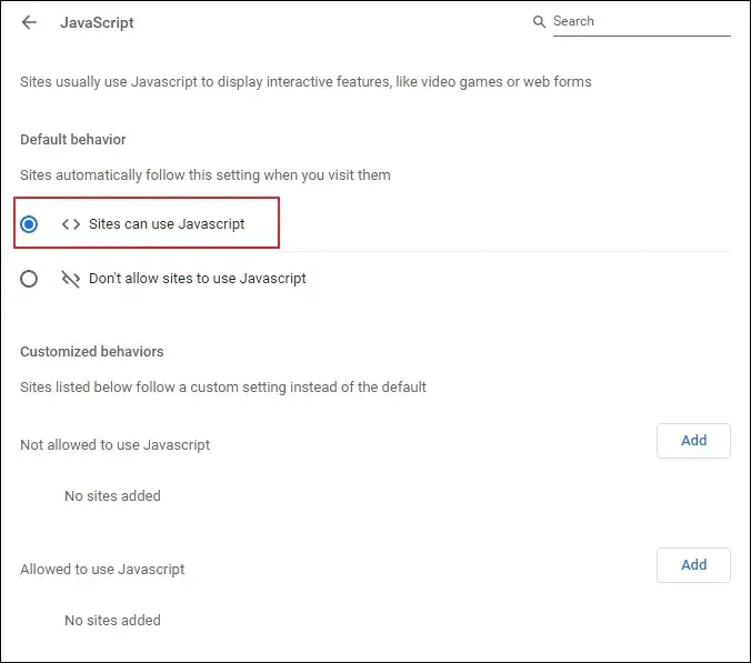 Enable the Sites can use Javascript option