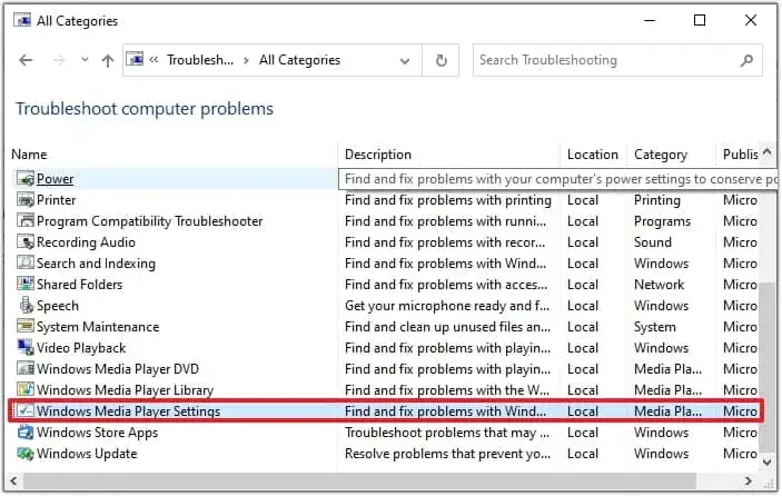 Click on View All and select Windows Media Player Setting