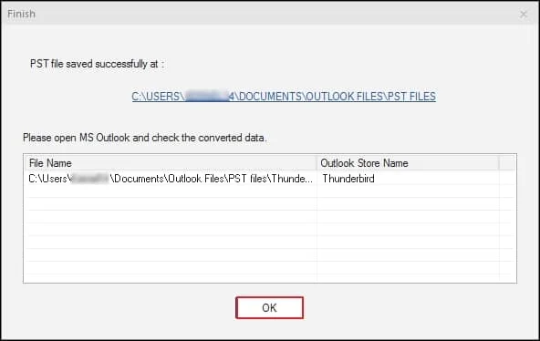 PST file saved successfully
