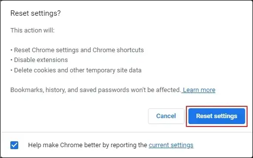 Click on Reset settings