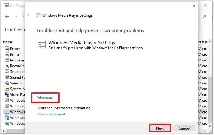 Choose Advanced and click Next