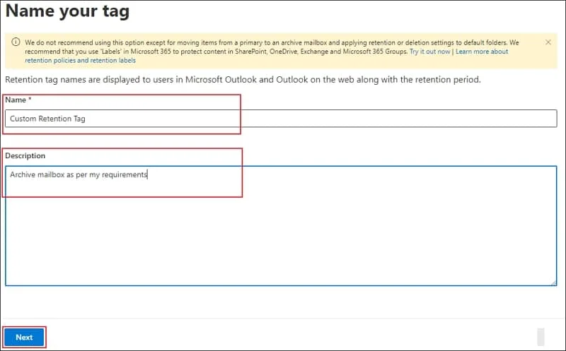 Provide name and description for new tag