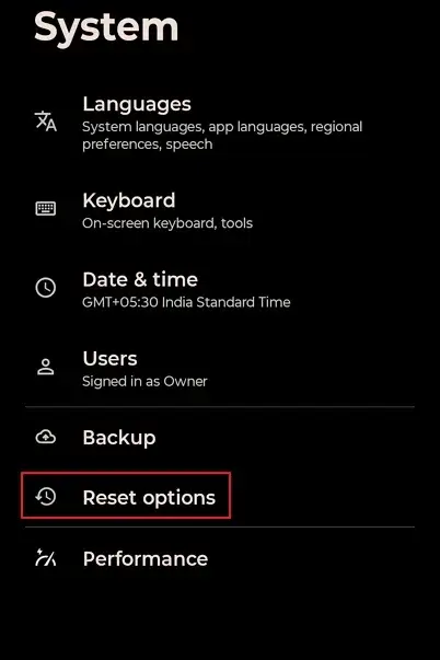 go to the Reset options