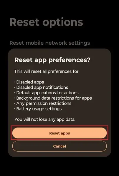 click on Reset apps