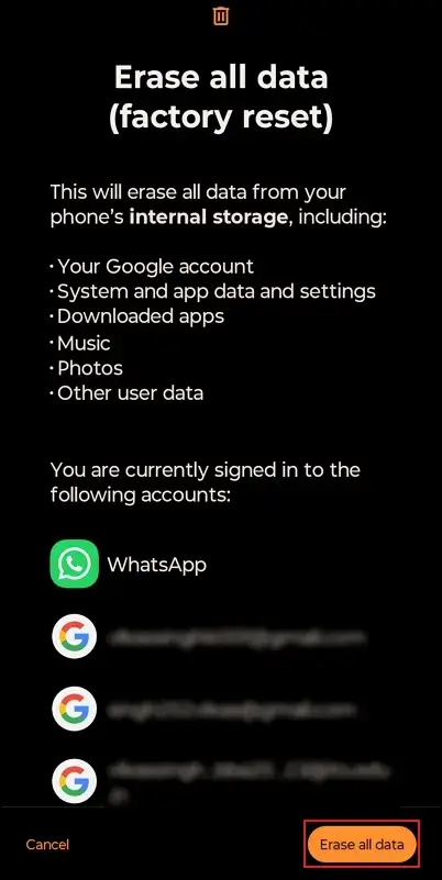 click on the Erase all data option