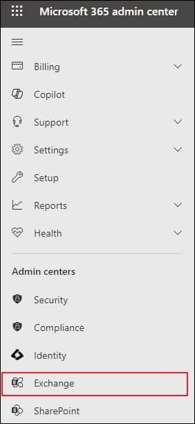 Click on Exchange from the left pane under the Microsoft 365 admin center