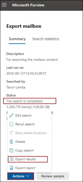 go to Actions and select Export results