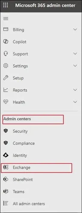 Go to the Admin centers and tap on the Exchange