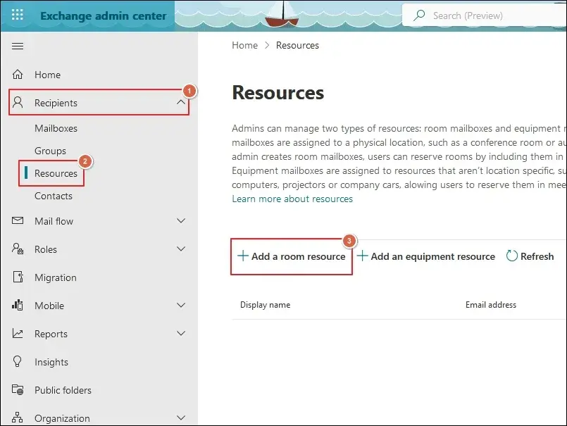Click on Resources and Add a room resource