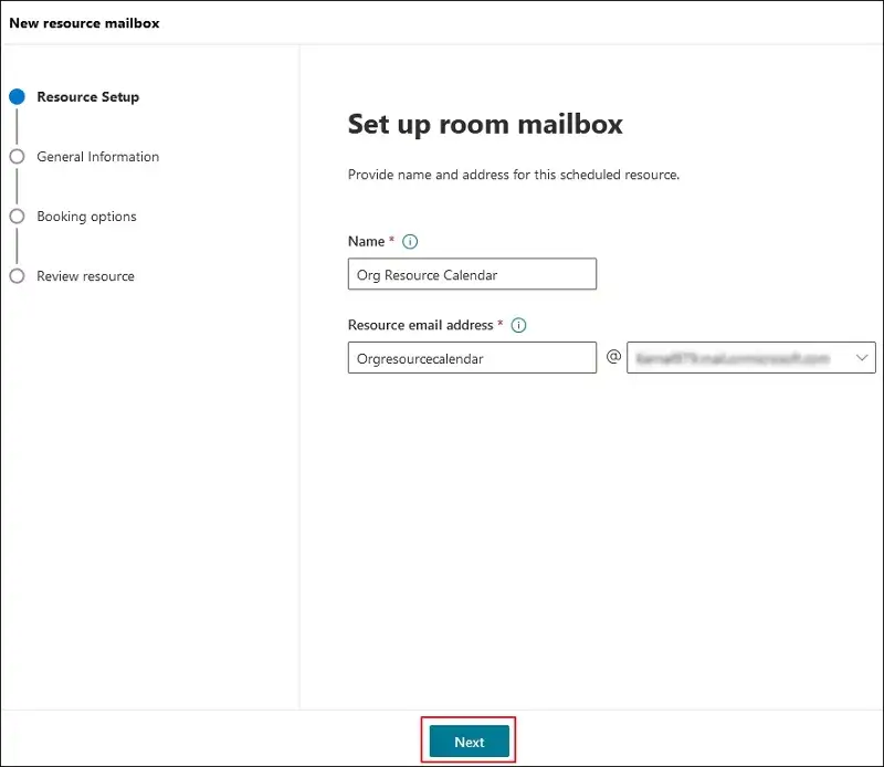 Set up room mailbox and proceed to Next