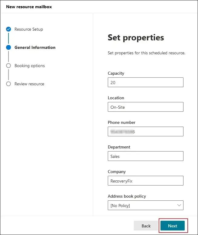Set properties and click Next
