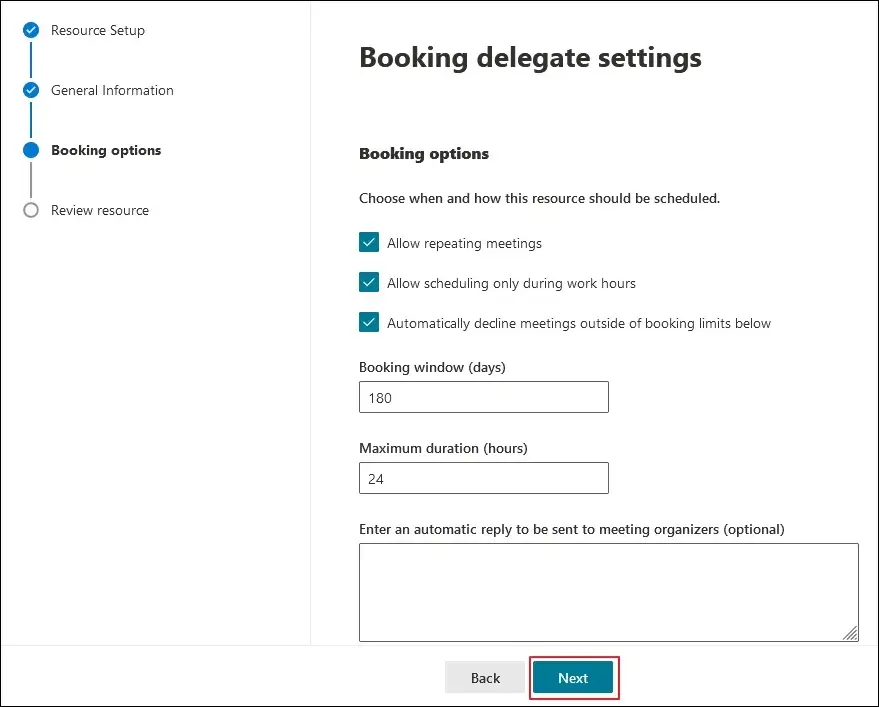 Booking delegate settings and hit Next