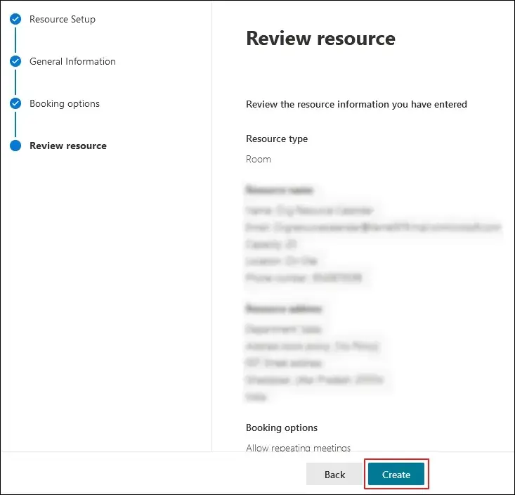 Review resource information and proceed to Create