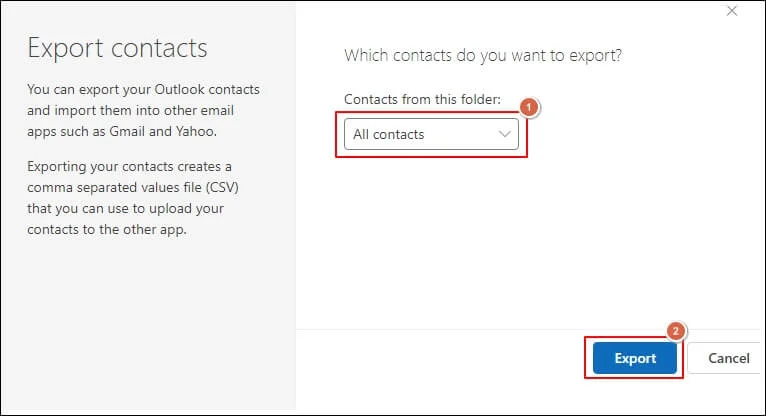 Select Export option to export Outlook contacts