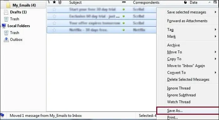 selected emails in eml format at the desired location