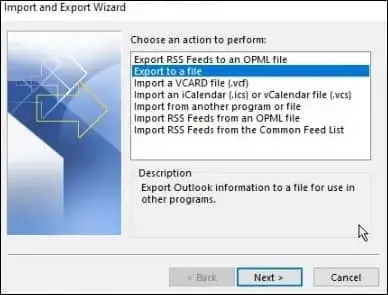 go to the export to a file