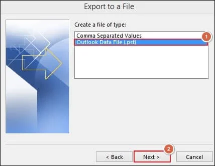 select outlook data file