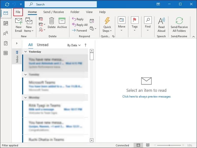 Launch Outlook and click on file