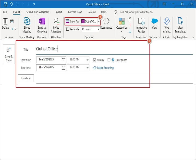 show as out of office in calendar